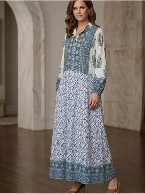 Victoria Dunn ,Bohemian Green & Blue Floral midi Dress